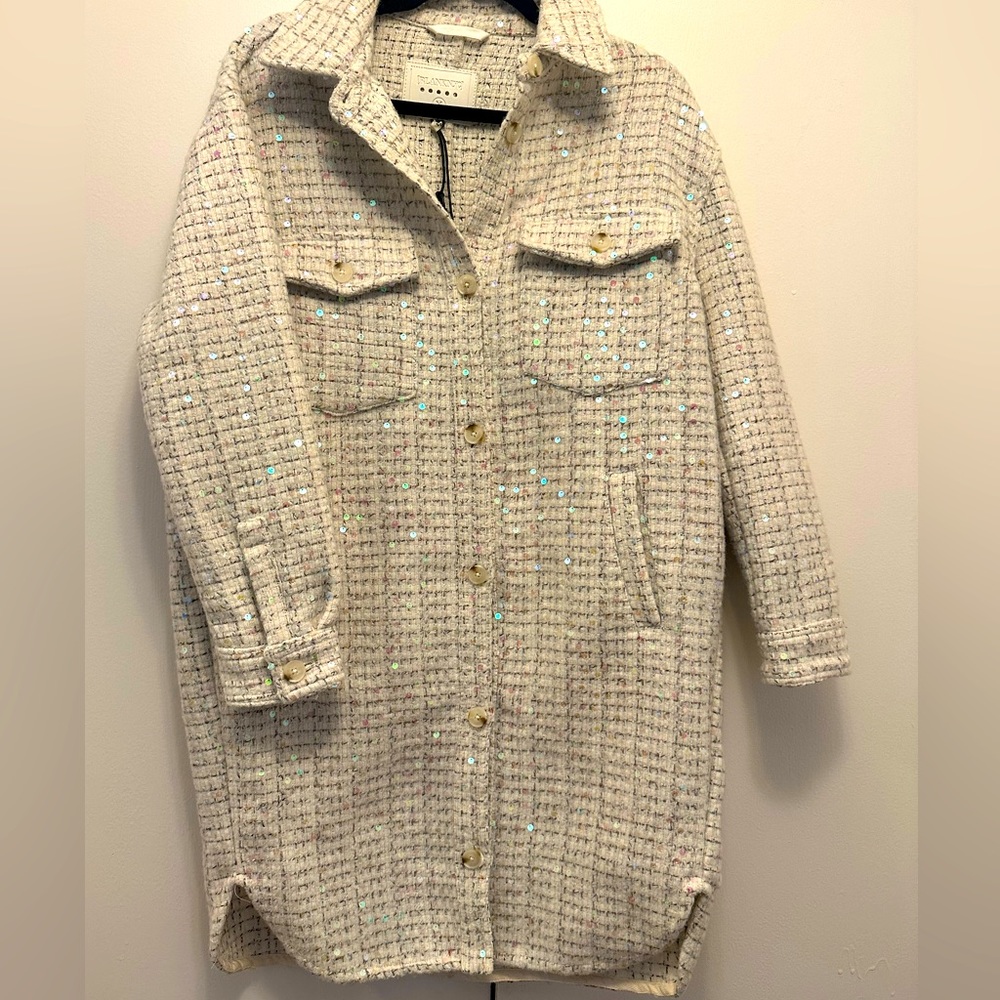 NWT White Embellished Iridescent Sequins Long Tweed Shacket